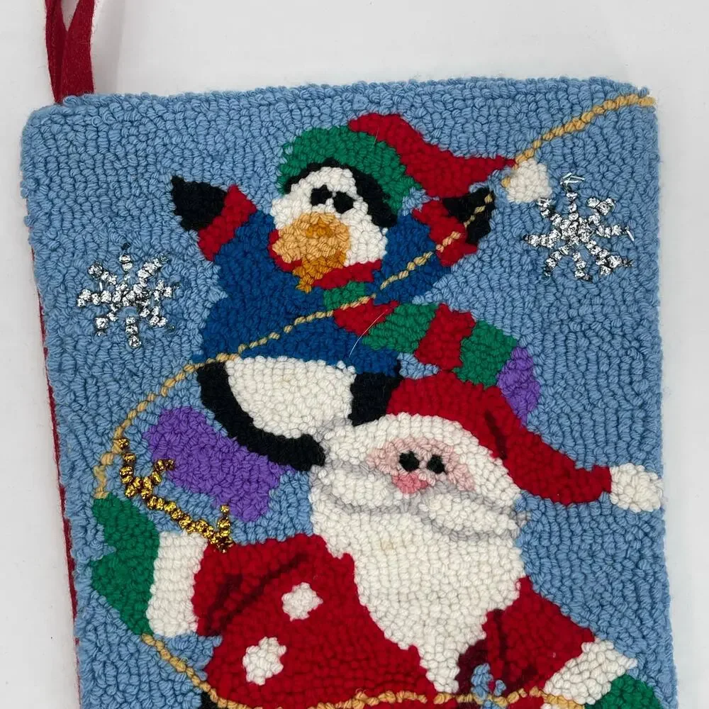 VINTAGE Christmas Stocking Wool Acrylic Carson Pirie Santa Penguins Needlepoint